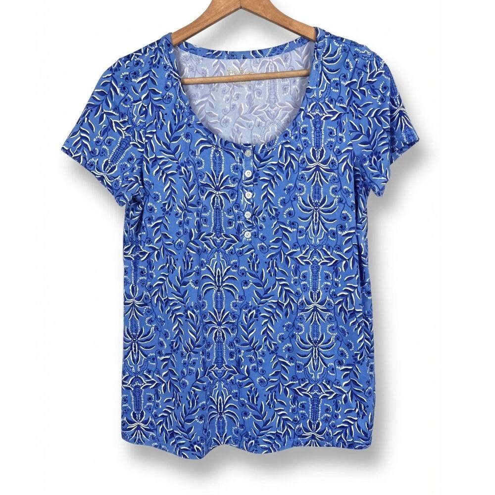 Lilly Pulitzer Womens S Preppy Coastal Resortwear Tropical Palm Print Henley Top